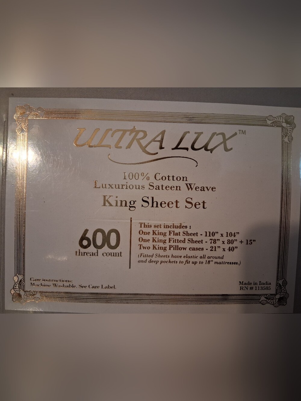 NWT Ultra Lux 600-Thread Count 100% Cotton King Sheet Set - Light Gray - Picture 4 of 6